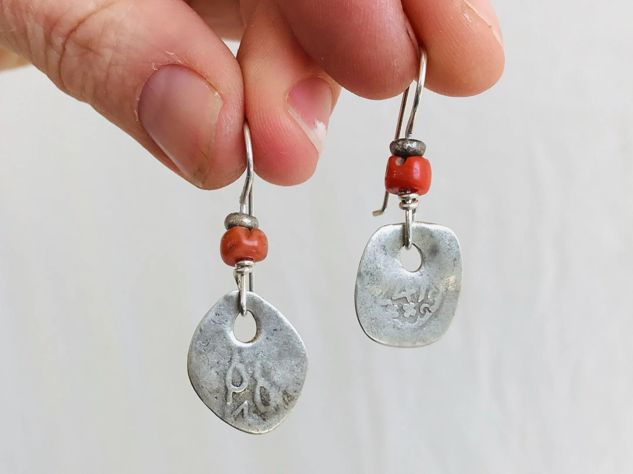 Earrrings of Antique Berber Silver Coin and Coral Earrings. Sterling Silver. Morocco.