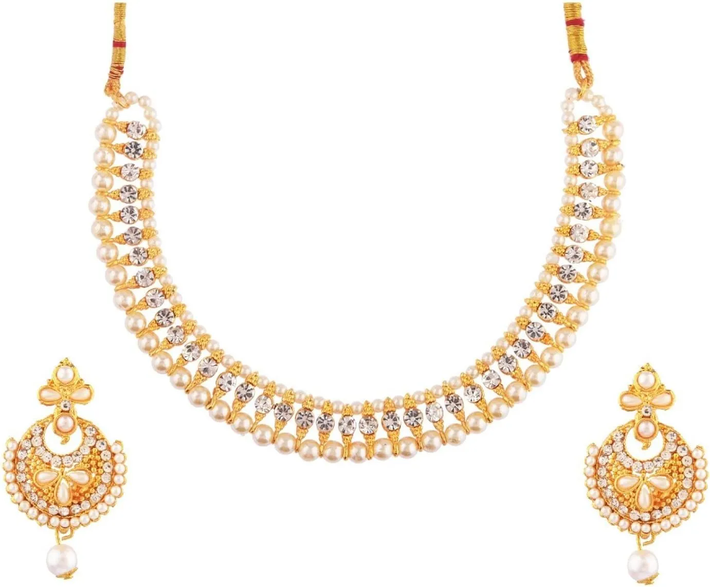 Efulgenz Indian Pearl Necklaces for Women Beaded Necklace Faux Pearl Crystal CZ Cubic Zirconia Choker Necklace Earrings Jewelry Set for Women Bollywood Wedding Jewellery