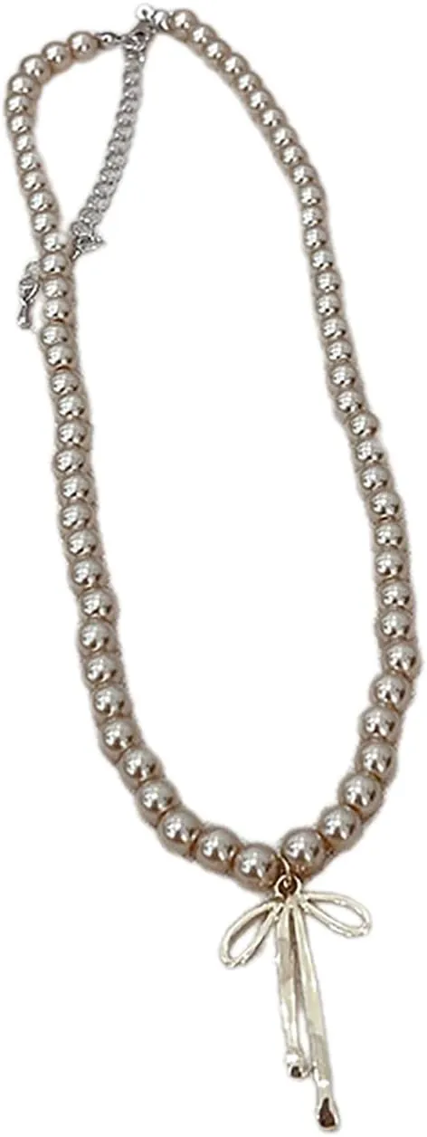 Elegant Gray Necklace for Women Chain Necklaces with Bowknot Clavicle Chain Adjustable Choker Neck Jewelry Accessory, 42cm, Imitation pearl   alloy, 42cm, Imitation pearl   alloy
