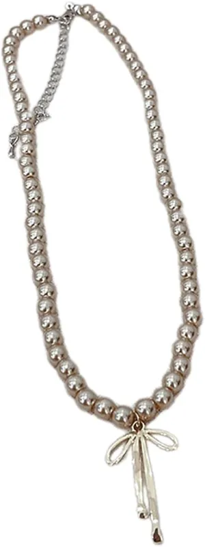 Elegant Gray Necklace for Women Chain Necklaces with Bowknot Clavicle Chain Adjustable Choker Neck Jewelry Accessory, 42cm, Imitation pearl   alloy, 42cm, Imitation pearl   alloy
