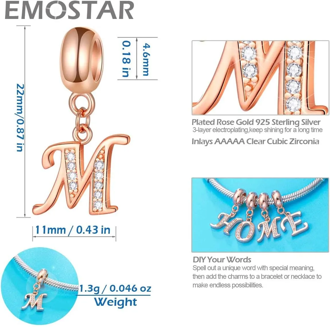 EMOSTAR Letter Charms Initial A-Z Alphabet Beads, Rose Gold 925 Sterling Silver Dangle CZ Birthstone Pendant, Gifts for European Charm Bracelet/Mothers Day/Birthday
