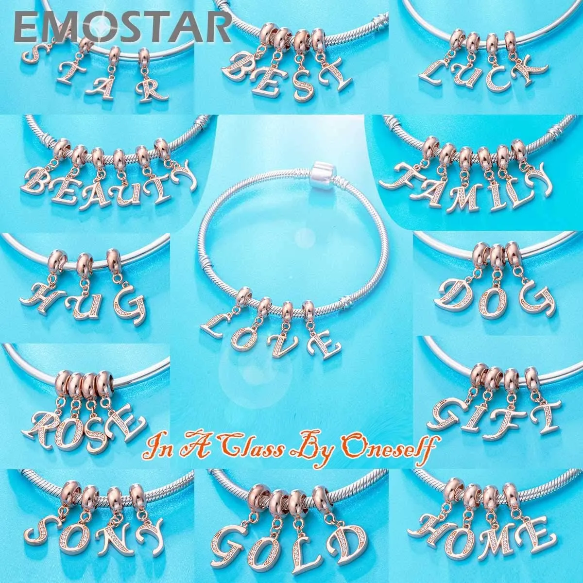 EMOSTAR Letter Charms Initial A-Z Alphabet Beads, Rose Gold 925 Sterling Silver Dangle CZ Birthstone Pendant, Gifts for European Charm Bracelet/Mothers Day/Birthday