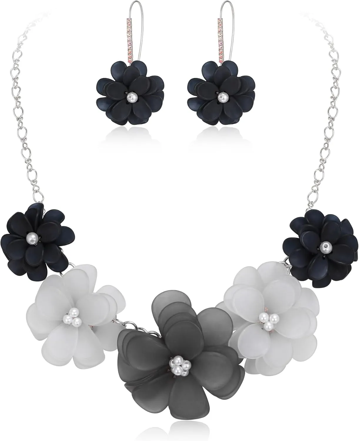 EVER FAITH Flower Collar Necklace, Faux Pearl Floral Summer Beach Statement Choker Necklaces Dangle Earrings for Women, Handmade Fashion Boho Party Prom Jewelry Accessories