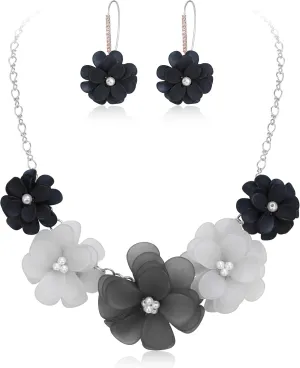 EVER FAITH Flower Collar Necklace, Faux Pearl Floral Summer Beach Statement Choker Necklaces Dangle Earrings for Women, Handmade Fashion Boho Party Prom Jewelry Accessories