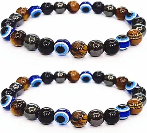 Evil Eye with Hematite Black Obsidian Tiger Eye Stone Triple Protection Bracelets for Men Women, Crystal Jewelry Stone Bracelets Bring Luck and Prosperity and Happiness