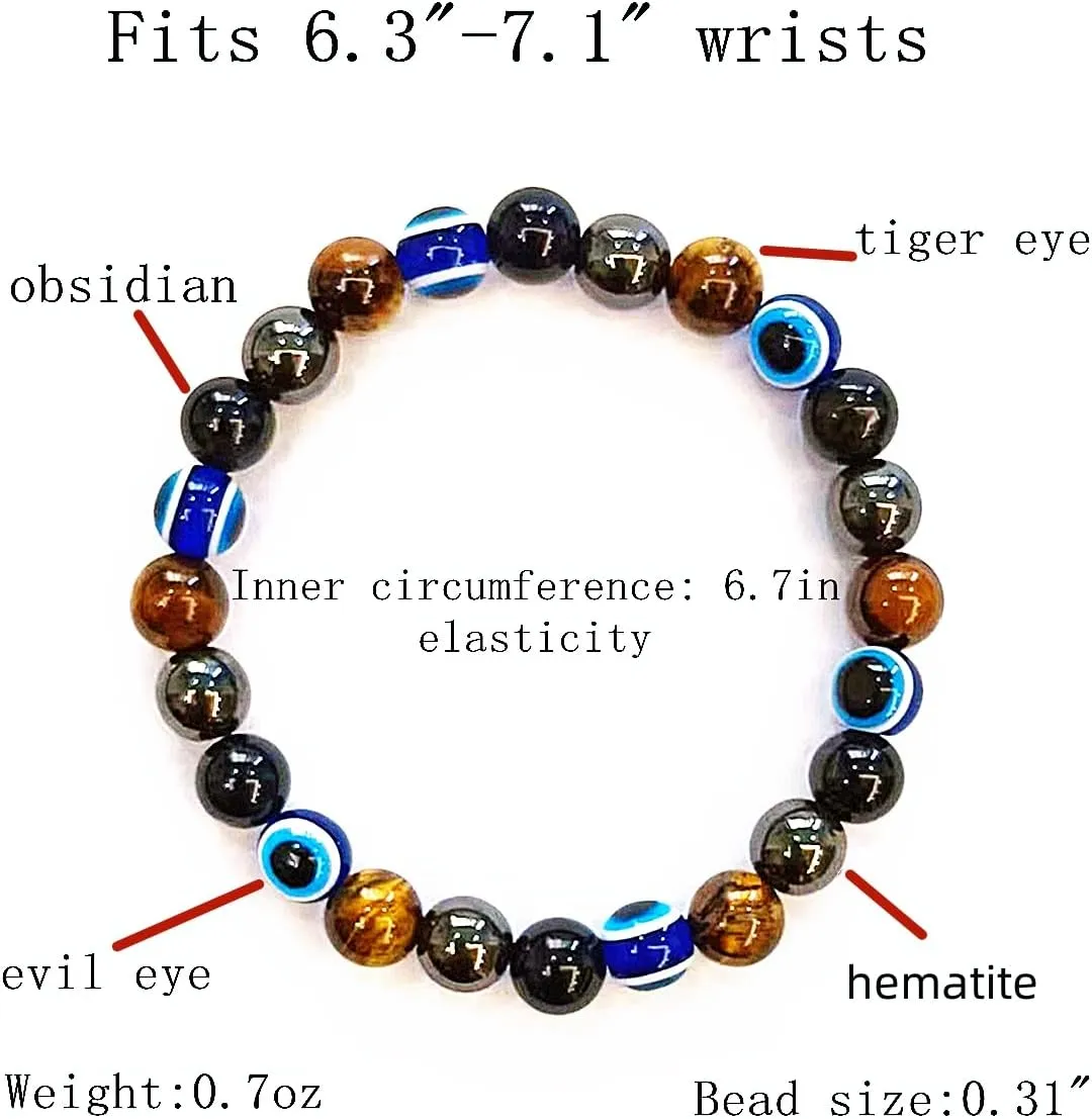 Evil Eye with Hematite Black Obsidian Tiger Eye Stone Triple Protection Bracelets for Men Women, Crystal Jewelry Stone Bracelets Bring Luck and Prosperity and Happiness