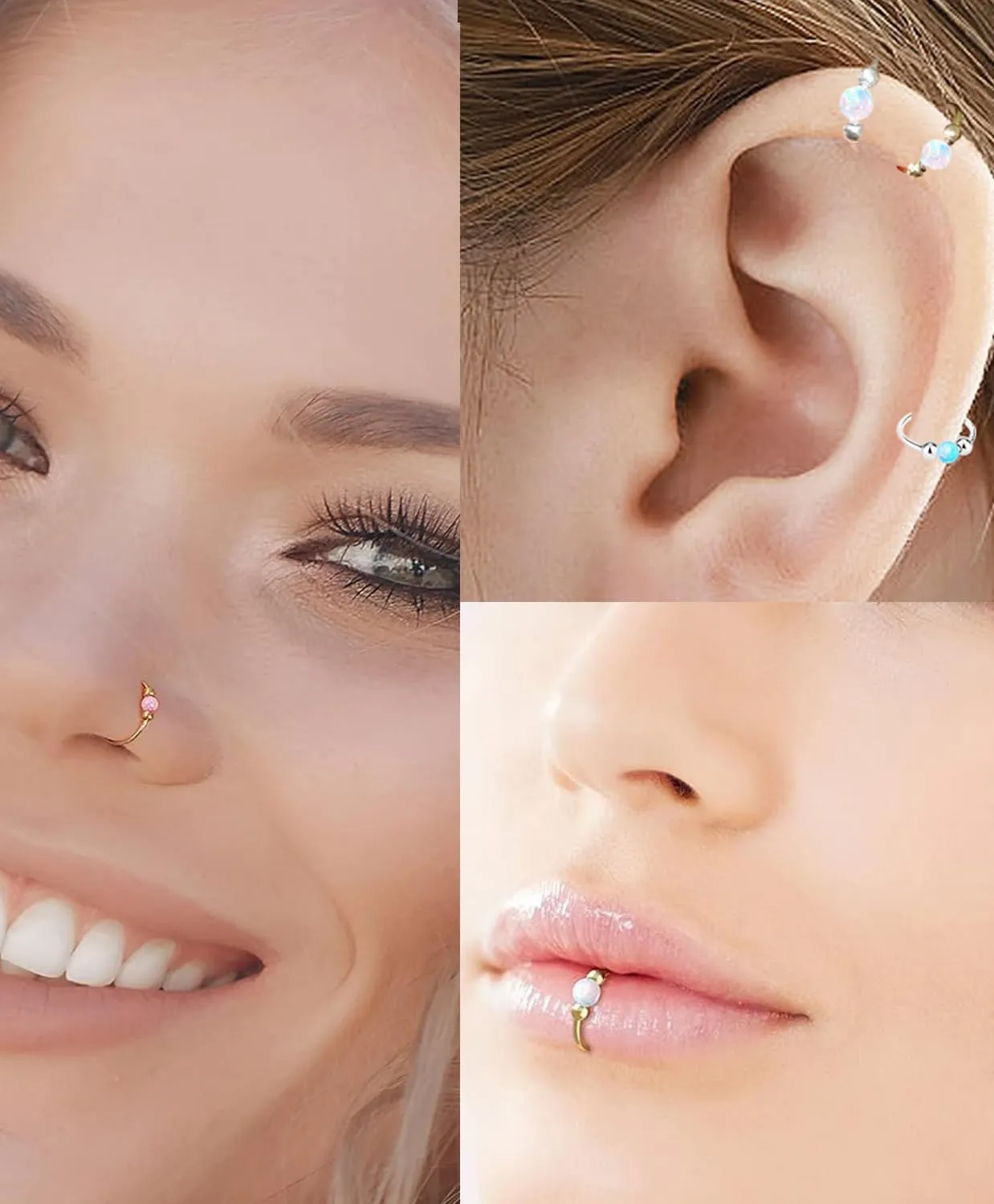 Fake Nose Ring Hoops Opal Fake Septum Nose Piercing Jewelry 20G Clip On Surgical Steel Faux Nose Rings for Women Men Non Pierce Lip Ear Cartilage Helix Rings No Piercing Body Jewelry