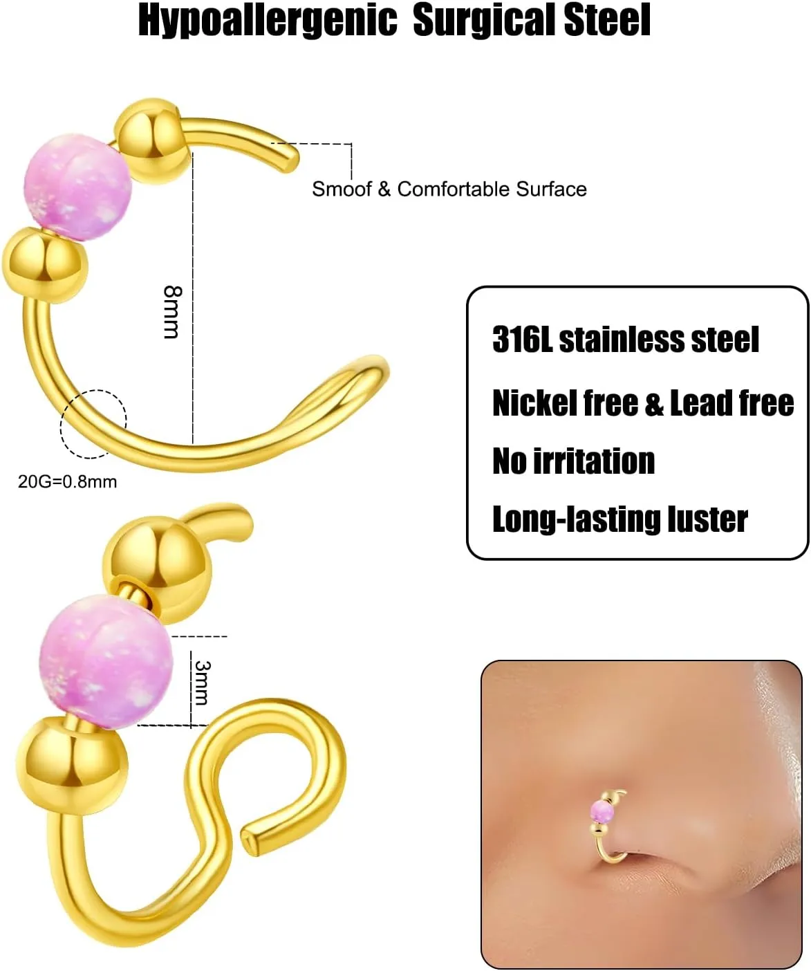 Fake Nose Ring Hoops Opal Fake Septum Nose Piercing Jewelry 20G Clip On Surgical Steel Faux Nose Rings for Women Men Non Pierce Lip Ear Cartilage Helix Rings No Piercing Body Jewelry