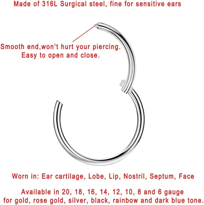 FANSING Men Women 316L Surgical Steel Hinged Nose Rings Hoop for Nostril Septum Cartilage Helix Daith Tragus Rook Conch Lip Ear Lobe Piercings