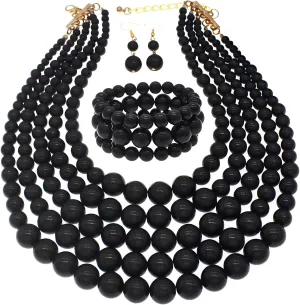 Faux Big Pearl Strand Necklaces for Women - 5 Layers Bib Collar Necklace, Bracelet and Earrings Set - 1920s Costume Jewelry for Bridal Wedding Gift