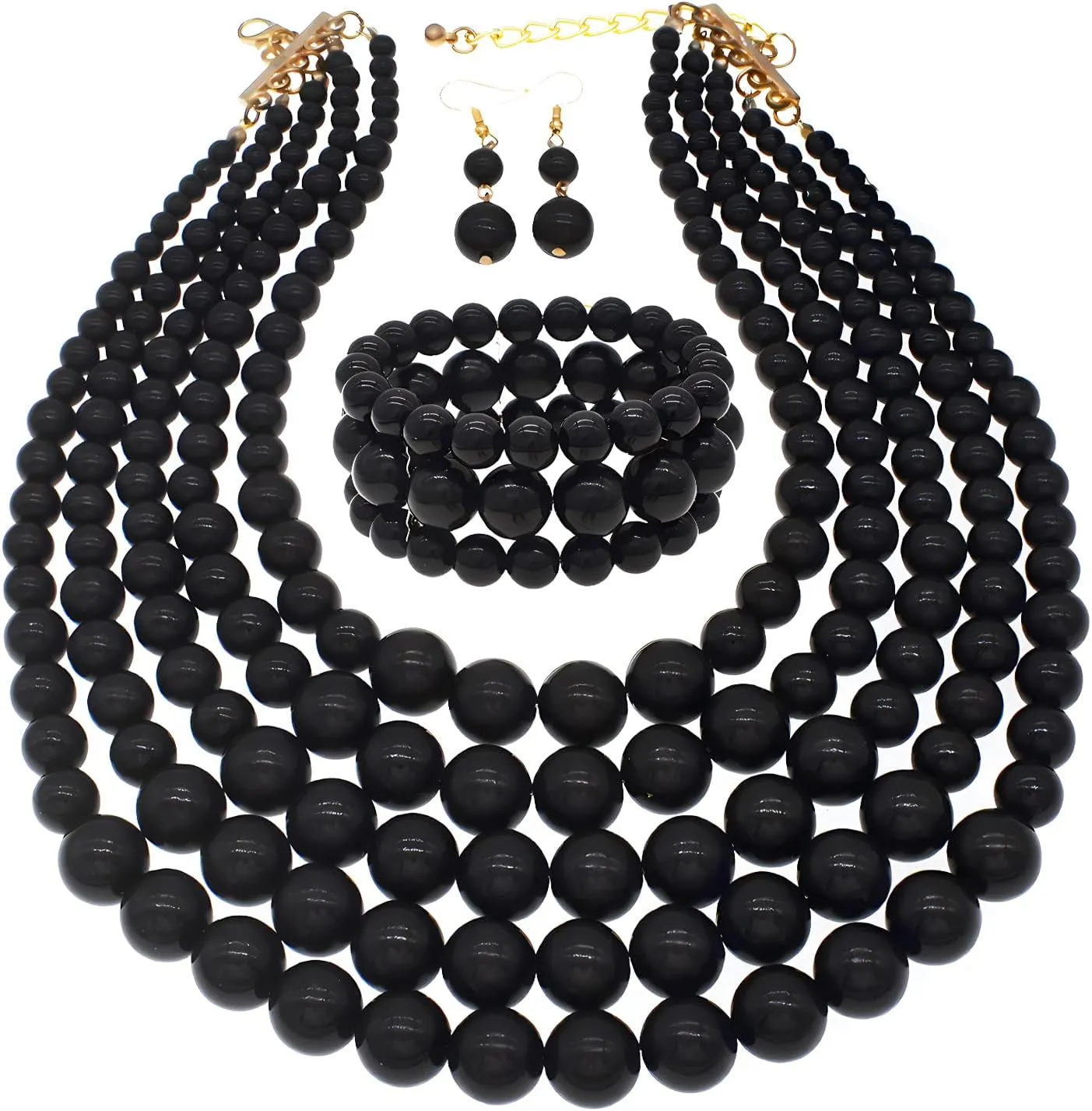 Faux Big Pearl Strand Necklaces for Women - 5 Layers Bib Collar Necklace, Bracelet and Earrings Set - 1920s Costume Jewelry for Bridal Wedding Gift