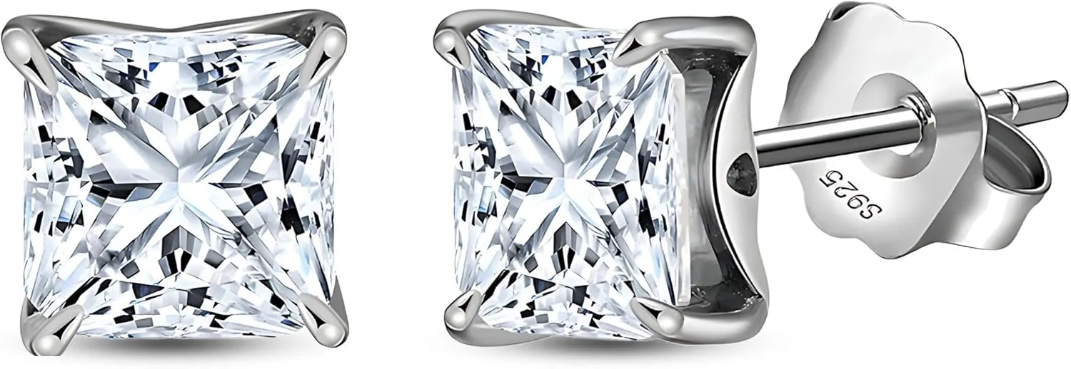 Faux Diamond Stud Earrings For Women 14k White Gold Plated Sterling Silver Cubic Zirconia Earring Studs for Her by Ginger Lyne 6mm 2.5 Ct Princess Cut Pierced Hypoallergenic Minimalist Jewelry