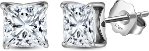 Faux Diamond Stud Earrings For Women 14k White Gold Plated Sterling Silver Cubic Zirconia Earring Studs for Her by Ginger Lyne 6mm 2.5 Ct Princess Cut Pierced Hypoallergenic Minimalist Jewelry