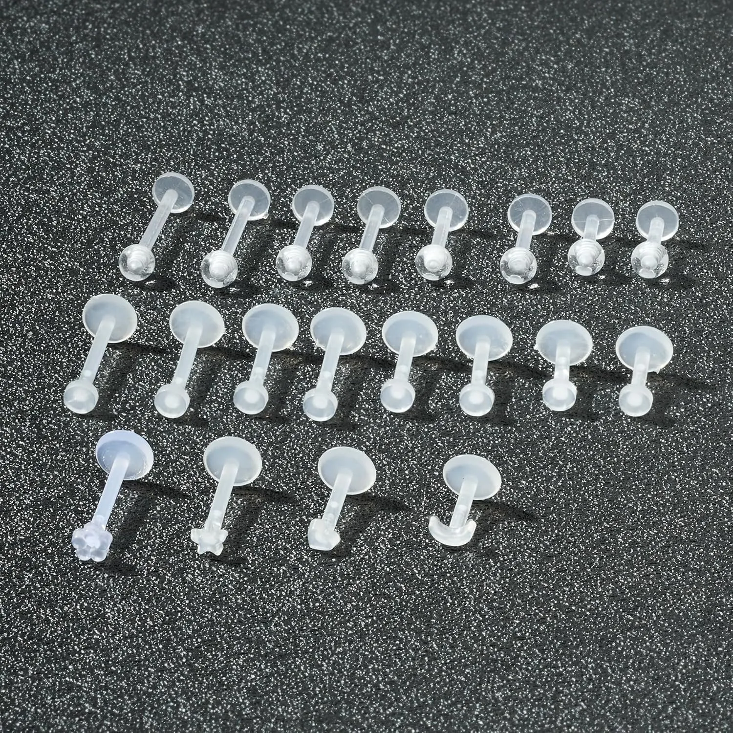 FECTAS 20-38PCS Clear Piercing Jewelry Bioflex Plastic Earrings Nose Rings Studs Septum Belly Cartilage Helix Industrial Nipple Tongue Lip Labret Eyebrow Piercing Retainers for Surgery Work Sports
