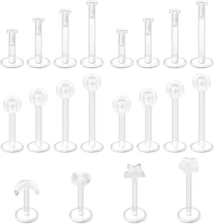 FECTAS 20-38PCS Clear Piercing Jewelry Bioflex Plastic Earrings Nose Rings Studs Septum Belly Cartilage Helix Industrial Nipple Tongue Lip Labret Eyebrow Piercing Retainers for Surgery Work Sports