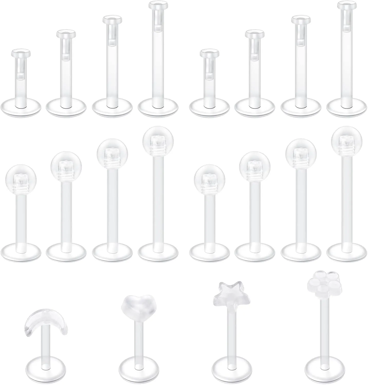 FECTAS 20-38PCS Clear Piercing Jewelry Bioflex Plastic Earrings Nose Rings Studs Septum Belly Cartilage Helix Industrial Nipple Tongue Lip Labret Eyebrow Piercing Retainers for Surgery Work Sports