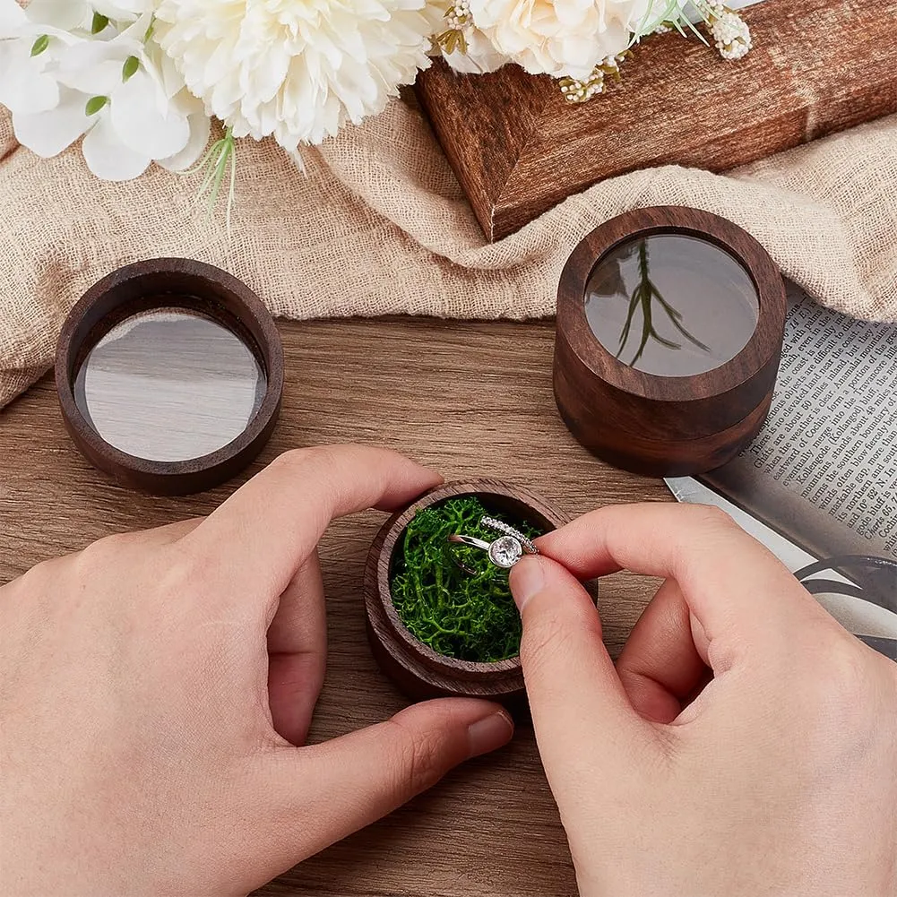 FINGERINSPIRE Round Wood Ring Box with Clear Window and Plastic Imitation Moss Inside 1.9x1.4inch Wooden Jewelry Ring Box Ring Gift Box for Proposal Engagement Wedding Valentine's Day