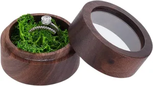 FINGERINSPIRE Round Wood Ring Box with Clear Window and Plastic Imitation Moss Inside 1.9x1.4inch Wooden Jewelry Ring Box Ring Gift Box for Proposal Engagement Wedding Valentine's Day