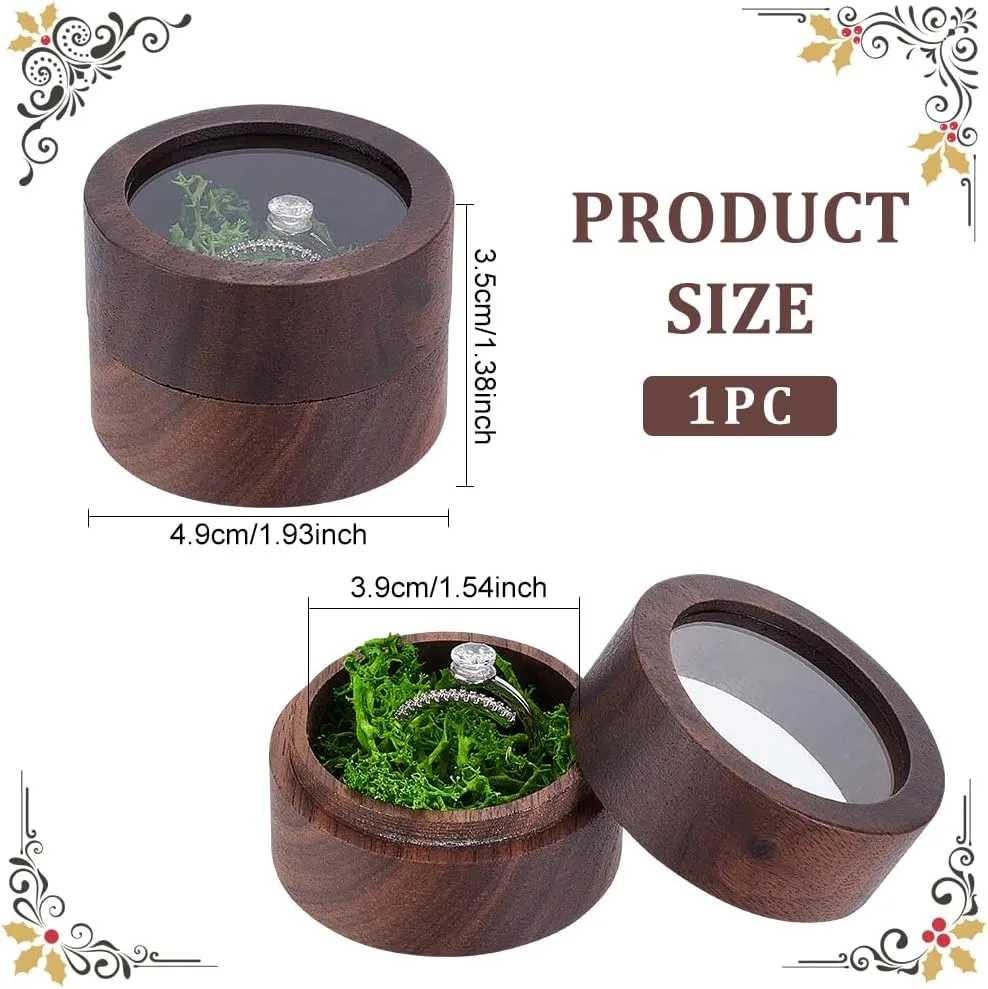 FINGERINSPIRE Round Wood Ring Box with Clear Window and Plastic Imitation Moss Inside 1.9x1.4inch Wooden Jewelry Ring Box Ring Gift Box for Proposal Engagement Wedding Valentine's Day