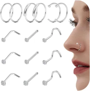 FINREZIO 15PCS 22G 20G 18G Surgical Steel Nose Rings Hoop Studs Cartilage Earrings Body Piercing Jewelry 1.5mm 2mm 2.5mm CZ