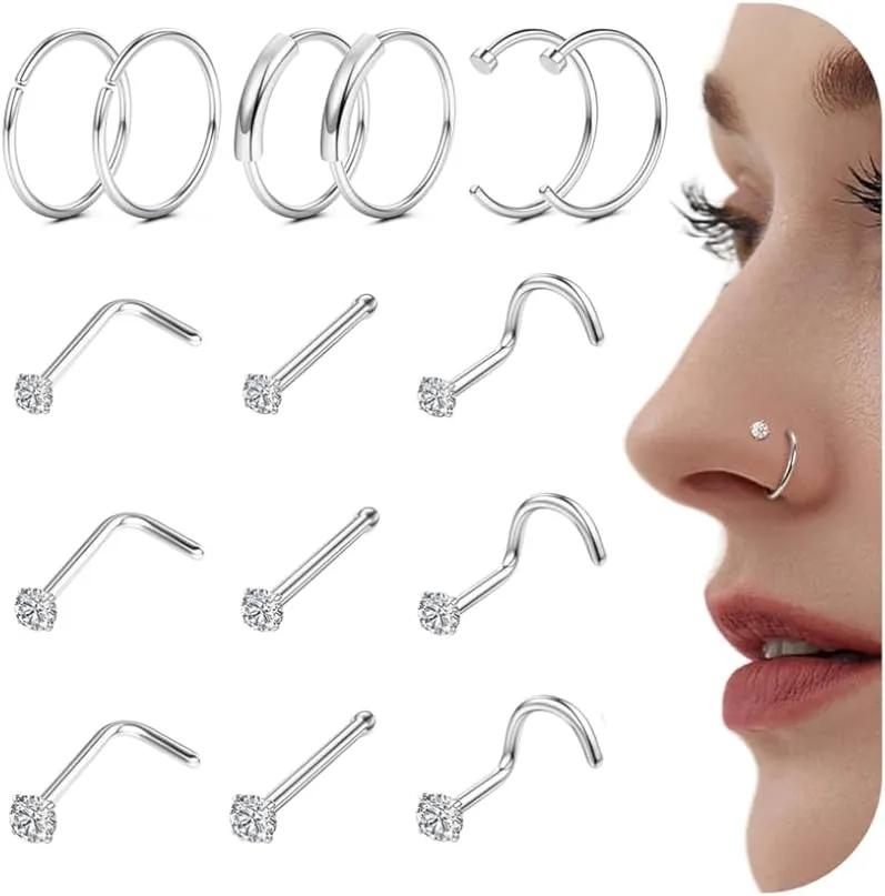 FINREZIO 15PCS 22G 20G 18G Surgical Steel Nose Rings Hoop Studs Cartilage Earrings Body Piercing Jewelry 1.5mm 2mm 2.5mm CZ