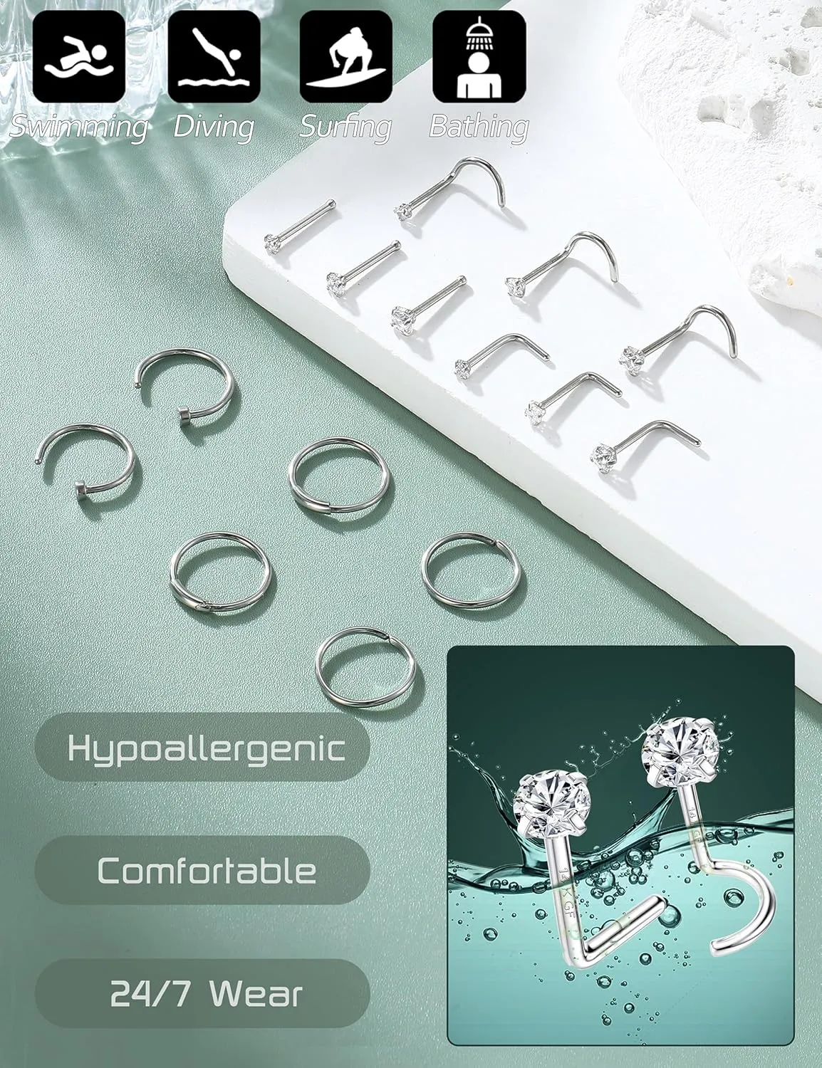 FINREZIO 15PCS 22G 20G 18G Surgical Steel Nose Rings Hoop Studs Cartilage Earrings Body Piercing Jewelry 1.5mm 2mm 2.5mm CZ