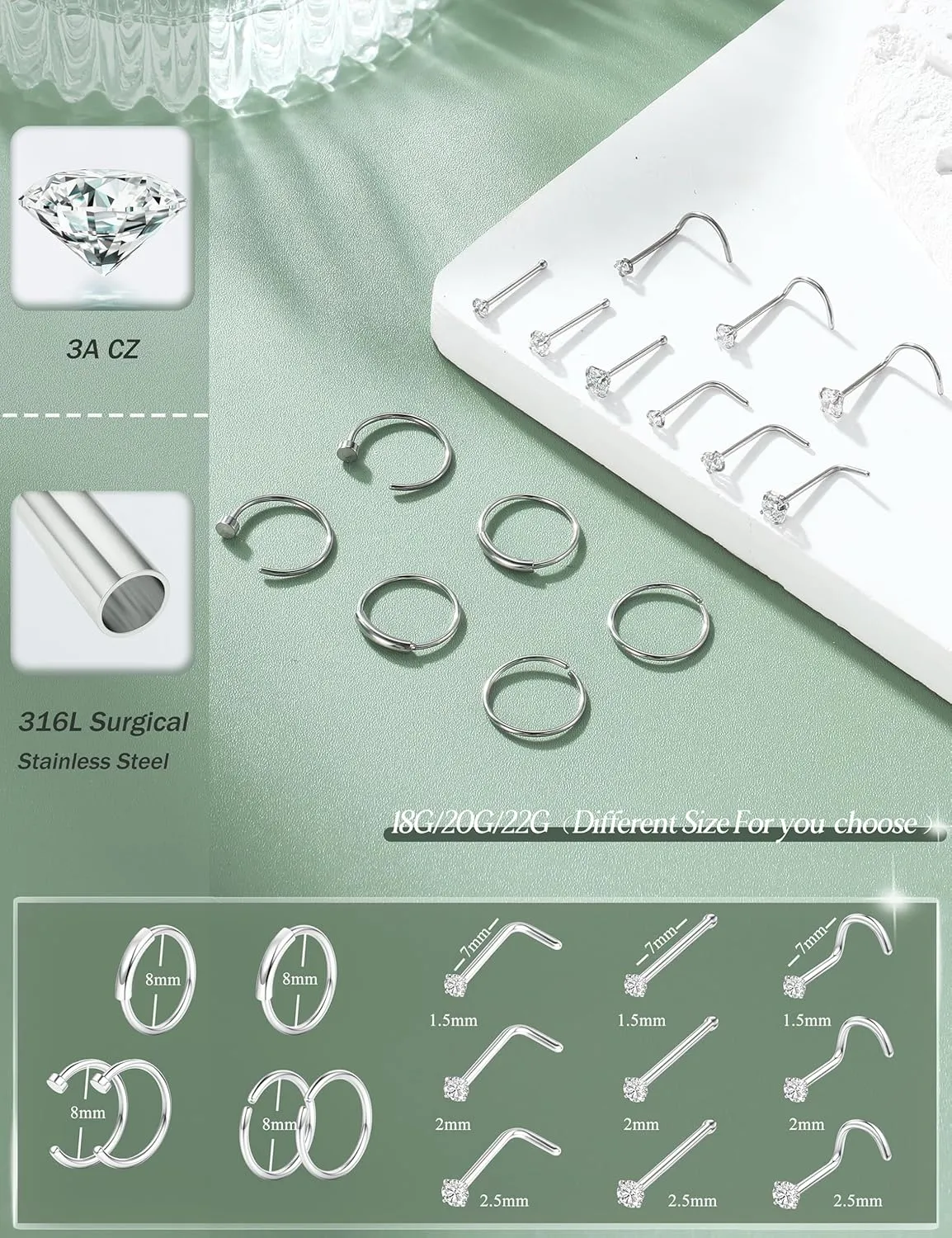 FINREZIO 15PCS 22G 20G 18G Surgical Steel Nose Rings Hoop Studs Cartilage Earrings Body Piercing Jewelry 1.5mm 2mm 2.5mm CZ