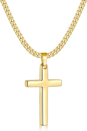 Fiusem Gold Plated Cross Necklace for Men and Women, Mens Cross Necklaces with 3.5mm Cuban Chain, Stainless Steel Small Pendant Chain 22 Inches