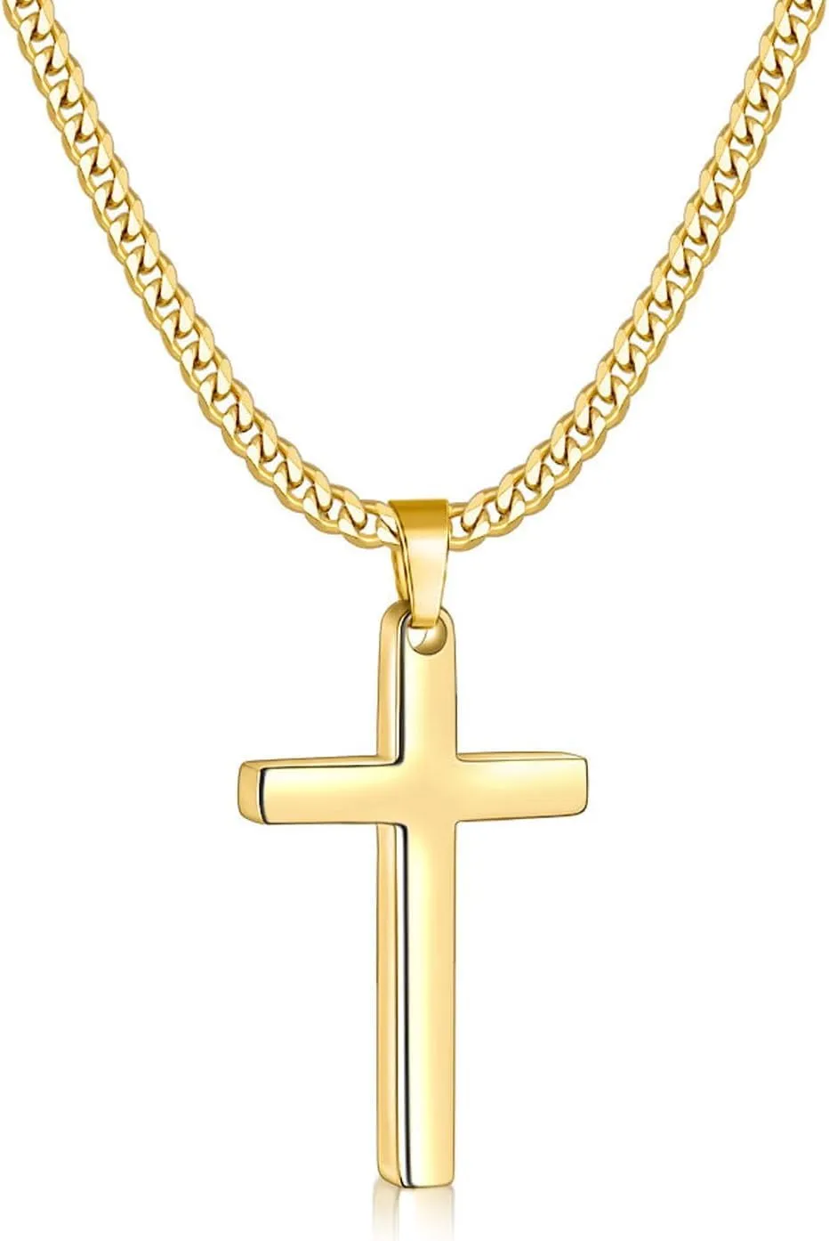 Fiusem Gold Plated Cross Necklace for Men and Women, Mens Cross Necklaces with 3.5mm Cuban Chain, Stainless Steel Small Pendant Chain 22 Inches