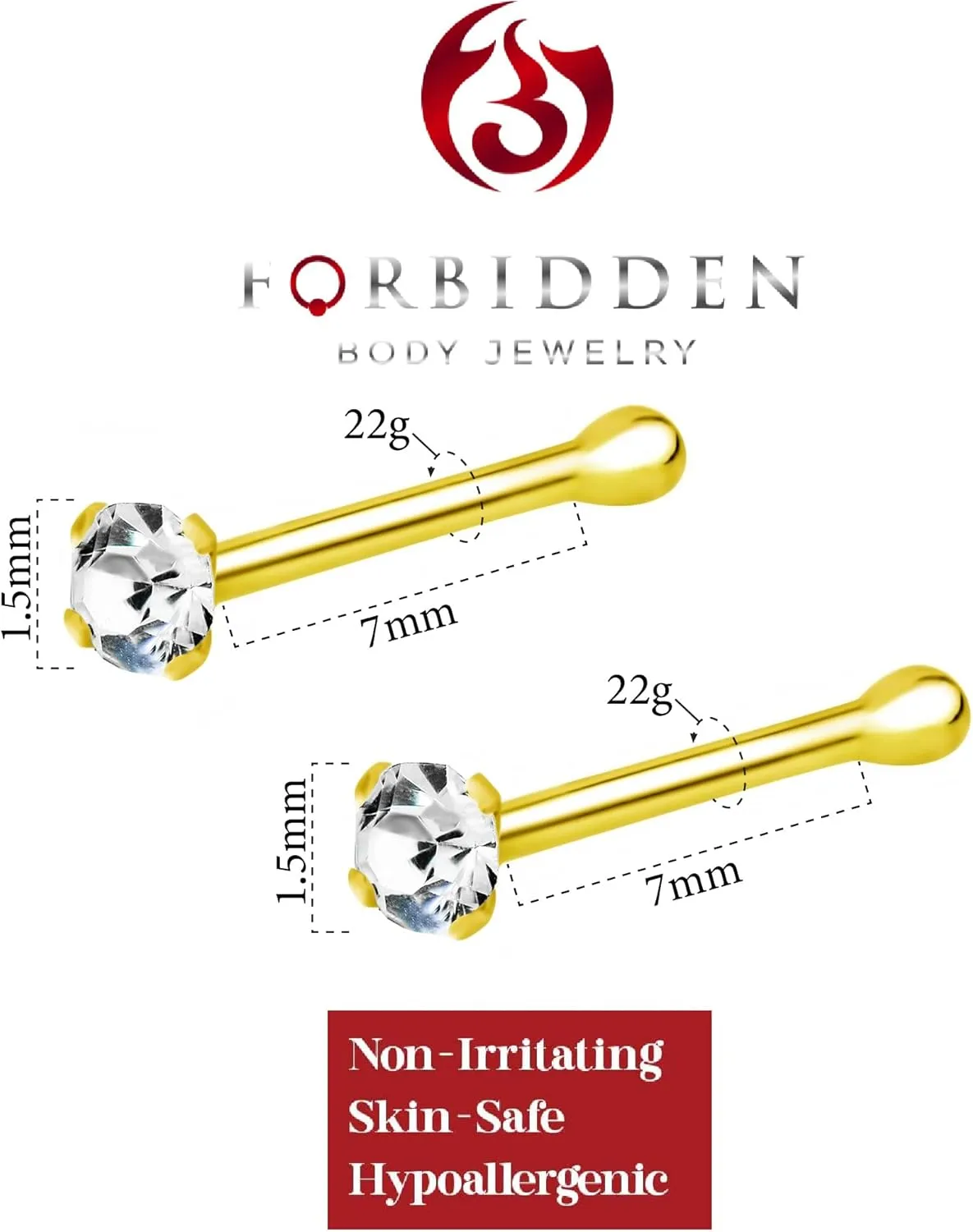 Forbidden Body Jewelry 22 g 18k Gold Plated Sterling Silver 1.5mm CZ Simulated Diamond Micro Nose Bone Stud for Women or Men