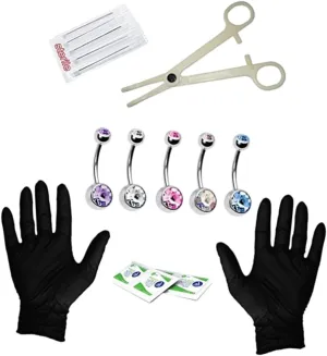 FRCOLOR 15Pcs Navel Set Complete Kit with Gloves Tools Durable Belly Button Rings Selection for Professional Daily Use
