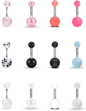 Ftovosyo 12PC Belly Button Rings Banana Barbells 14G Surgical Steel Bar Mix Color Body Piercing Jewelry for Women