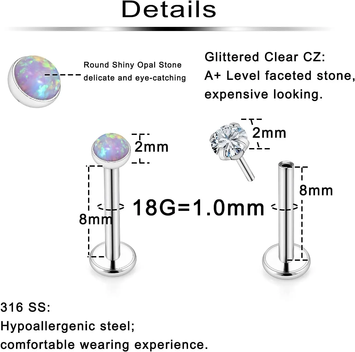 Ftovosyo 20G 18G 16G Threadless Push in Nose Rings Studs Surgical Steel Pushin Nose Stud 2mm 2.5mm 3mm Round Crystal Opal Labret Lip Medusa Piercing Jewelry Conch Helix Tragus Earring for Women Men