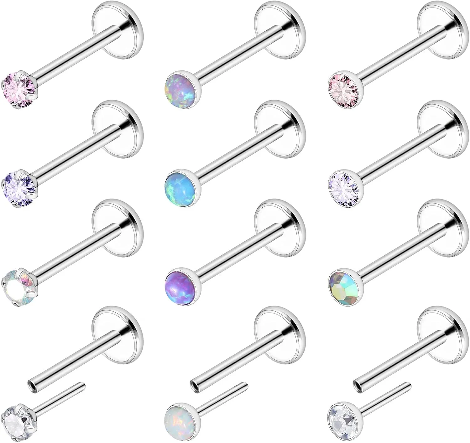Ftovosyo 20G 18G 16G Threadless Push in Nose Rings Studs Surgical Steel Pushin Nose Stud 2mm 2.5mm 3mm Round Crystal Opal Labret Lip Medusa Piercing Jewelry Conch Helix Tragus Earring for Women Men