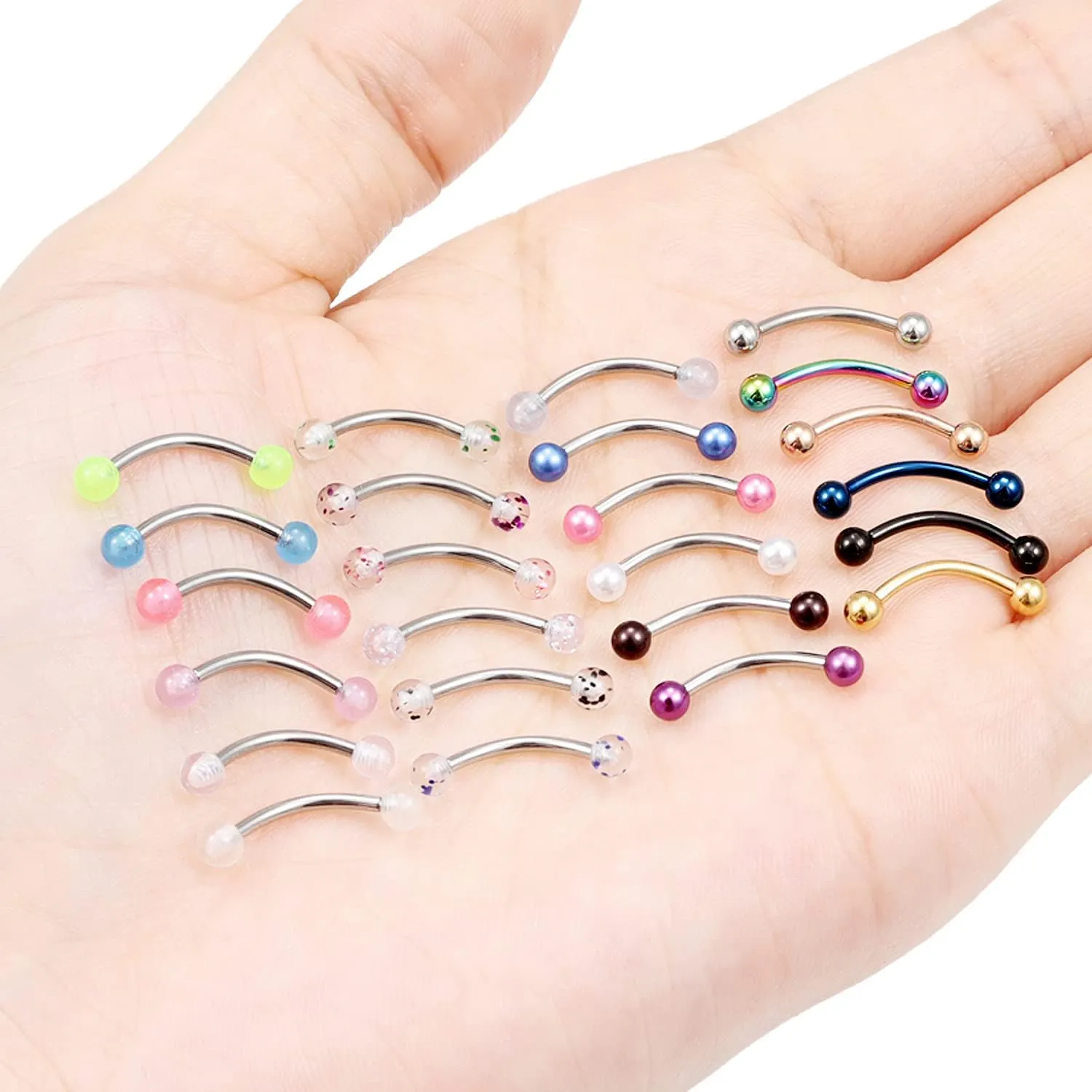 Ftovosyo 24-48PCS 16G Surgical Steel Snake Eyes Tongue Ring Curved Barbell Snake Bite Piercing Jewelry for Women Men