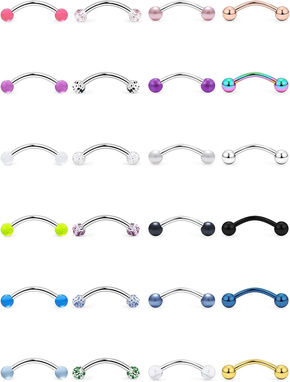 Ftovosyo 24-48PCS 16G Surgical Steel Snake Eyes Tongue Ring Curved Barbell Snake Bite Piercing Jewelry for Women Men