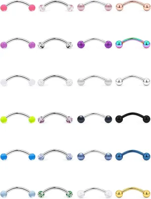 Ftovosyo 24-48PCS 16G Surgical Steel Snake Eyes Tongue Ring Curved Barbell Snake Bite Piercing Jewelry for Women Men