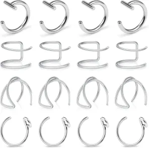Ftovosyo Fake Lip Rings T Shaped Stainless Steel Gothic Clip on Non Piercing Nose Ring Double Cartilage Helix Earrings Ear Cuff for Women Men