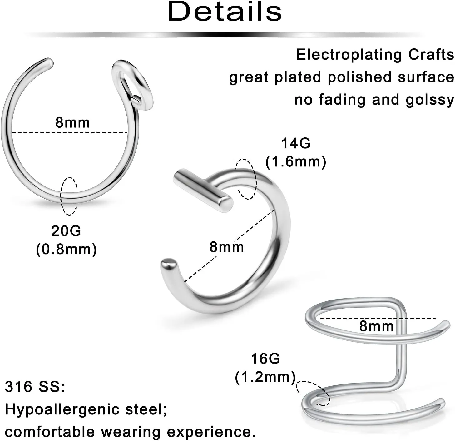 Ftovosyo Fake Lip Rings T Shaped Stainless Steel Gothic Clip on Non Piercing Nose Ring Double Cartilage Helix Earrings Ear Cuff for Women Men