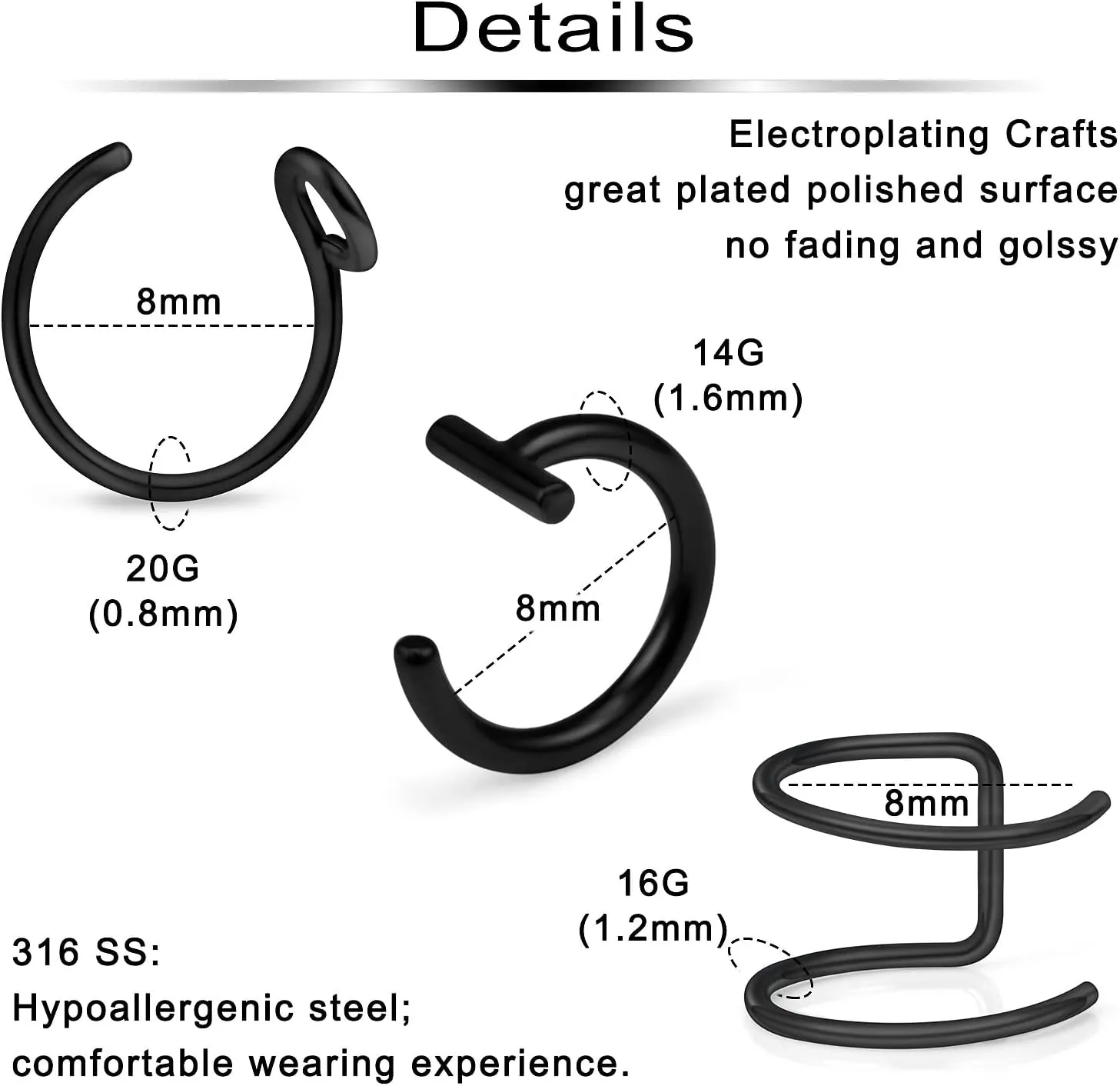 Ftovosyo Fake Lip Rings T Shaped Stainless Steel Gothic Clip on Non Piercing Nose Ring Double Cartilage Helix Earrings Ear Cuff for Women Men
