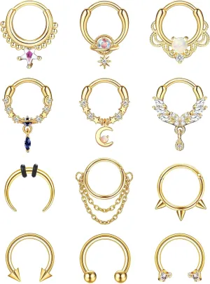 FUNRUN JEWELRY 12Pcs 16 G Septum Rings for Women Surgical Steel Dangle Nose Rings Hoops Helix Daith Cartilage Earrings Horseshoe Clicker Septum Nose Piercing Jewelry