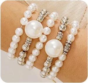 FUTIMELY 5Pcs Gold Pearls Beaded Stretch Bracelets,Unique Big Strand Ball Chain Bracelets Set for Women,Exaggerated Layered Stackable White Pearl Bracelet