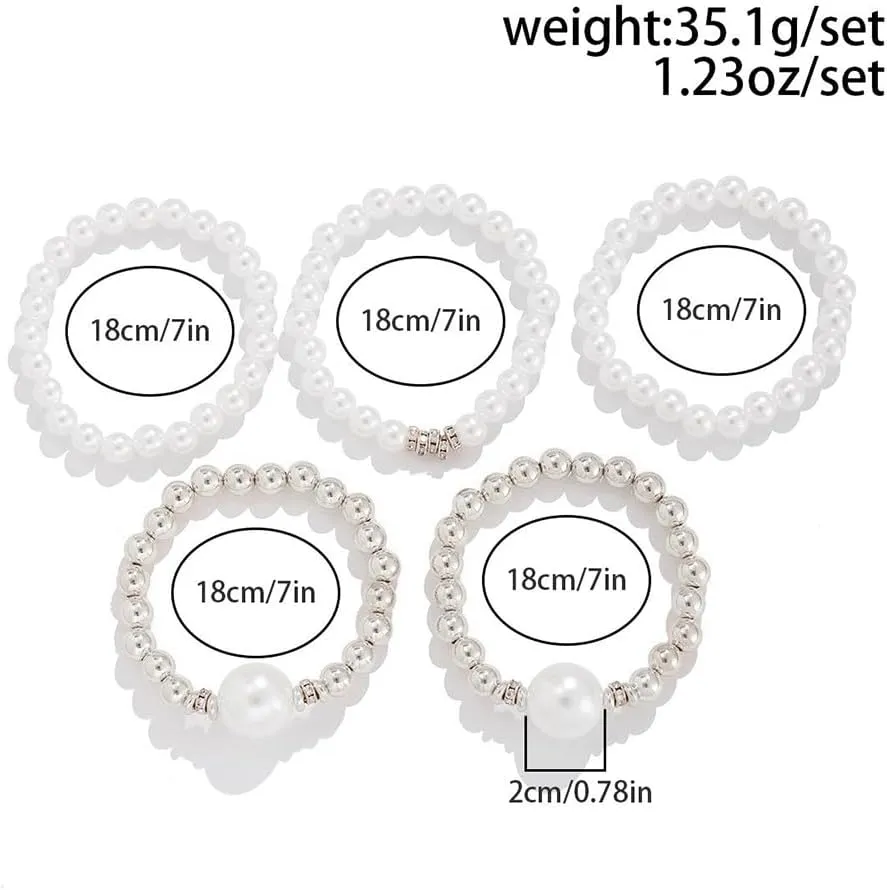 FUTIMELY 5Pcs Gold Pearls Beaded Stretch Bracelets,Unique Big Strand Ball Chain Bracelets Set for Women,Exaggerated Layered Stackable White Pearl Bracelet