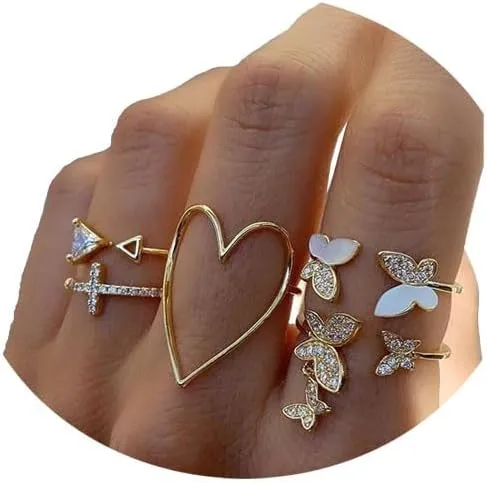 FUTIMELY Boho Crystal Rings for Women Gold Stacking Rings Set Vintage Knuckle Stackable Moon Star Butterfly Heart Flower Finger Rings Jewelry Gifts