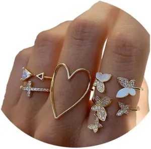 FUTIMELY Boho Crystal Rings for Women Gold Stacking Rings Set Vintage Knuckle Stackable Moon Star Butterfly Heart Flower Finger Rings Jewelry Gifts