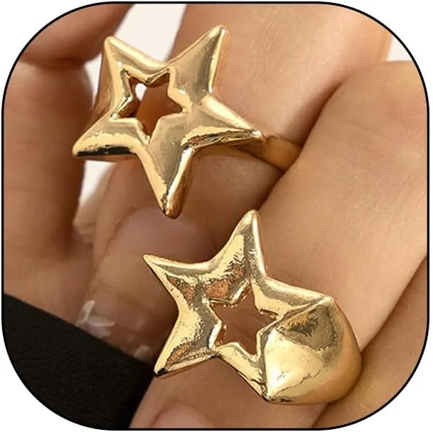 FUTIMELY Gold Chunky Star Ring Set for Women Men,Punk Retro Adjustable Pentagram Ring Pack,Geometric Hollow Star Stackable Open Knuckle Ring Jewelry Gift