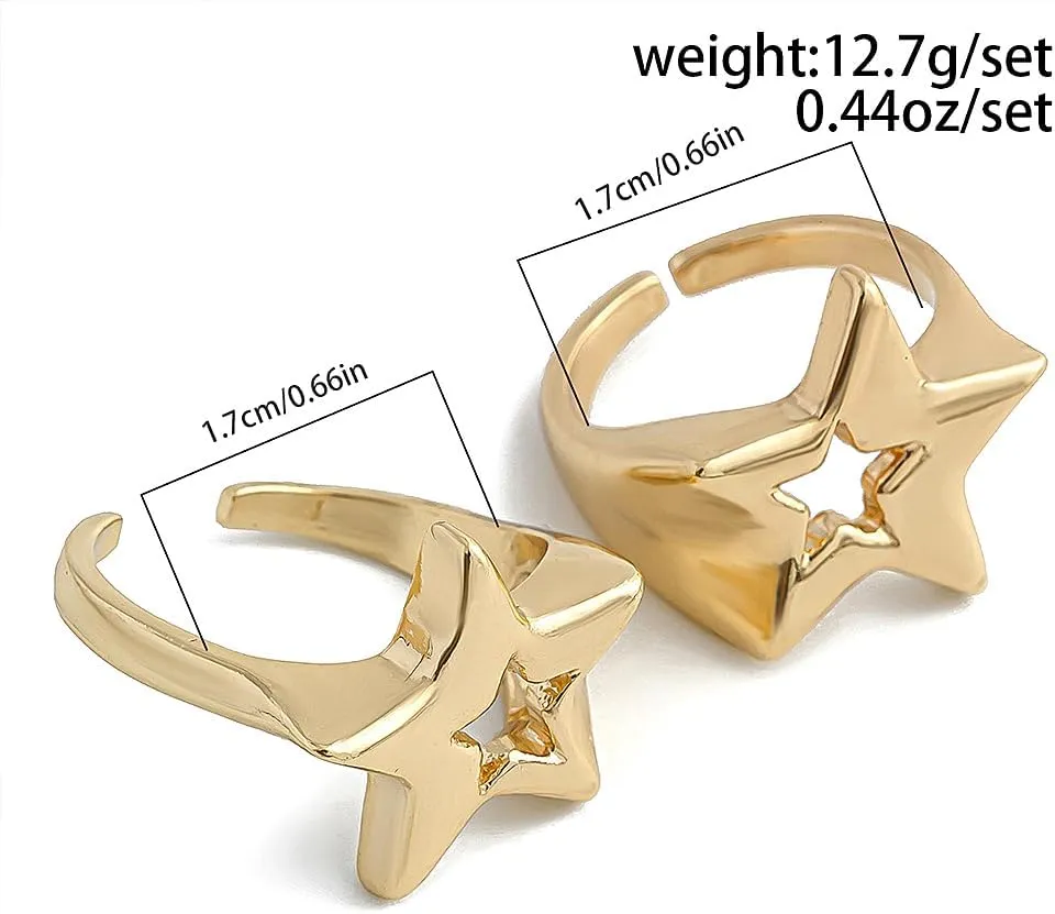 FUTIMELY Gold Chunky Star Ring Set for Women Men,Punk Retro Adjustable Pentagram Ring Pack,Geometric Hollow Star Stackable Open Knuckle Ring Jewelry Gift