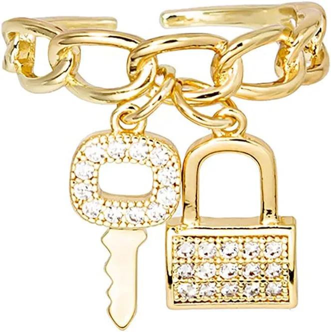 GANGYUN Open Zircon Crystal Lock Key Padlock Cuff Finger Rings for Women Adjustable Punk Infinty Chain Rings Jewelry