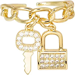 GANGYUN Open Zircon Crystal Lock Key Padlock Cuff Finger Rings for Women Adjustable Punk Infinty Chain Rings Jewelry