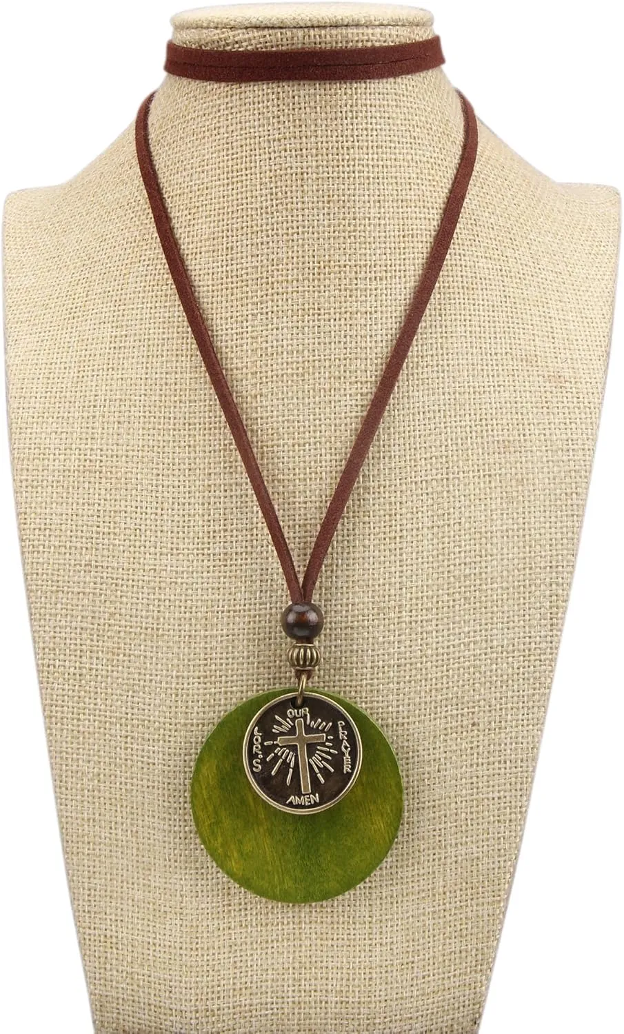 GelConnie Leather Necklace for Women Round Wooden Pendant Long Leather Choker Vintage Sweater Necklace Gold Chunky Boho Necklaces for Women